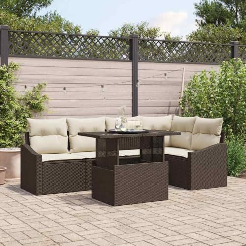 XHNIFBN Garten-Lounge-Set 6-Teilig Braun Creme Poly-Rattan 100x55x73 cm Outdoor Sofa Eckbank Sitzgruppe mit Glas-Tisch Modular Langlebig für Klein Balkon Terrasse Garten