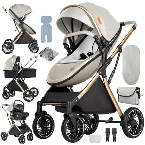 3-in-1 Kinderwagen mit Stubenwagenmodus und geländegängigen Rädern | Beige,Faltbares Reisesystem, ausgestattet mit Regenschutz, Fußsack und weiterem Zubehör