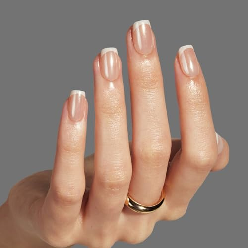 LAMIMOSA 32Pcs Press On Nails Short Square French Tip, IVORY TIPS | French tip False Nails, Chrome Glazed Finish, 16 Sizes, Full Kit with Glue & Adhesive Tabs, 2 Weeks Wear, Chip-resistant