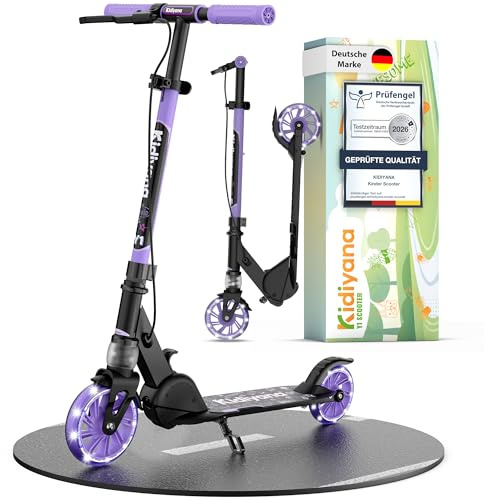 Kidiyana Kinderroller Scooter ab 5 Jahren bis 50 kg – Tretroller für Jungen & Mädchen mit 120 mm PU-Leuchträdern, ABEC-5 Kugellager, Handbremse & Stoßdämpfung, klappbar & höhenverstellbar