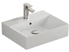 Aqua Bagno Lavabo da 60 cm di larghezza, in ceramica, moderno, da appoggio e sospeso, rettangolare con bordo sottile, superficie facile da pulire, foro per rubinetto e troppopieno, montaggio a parete