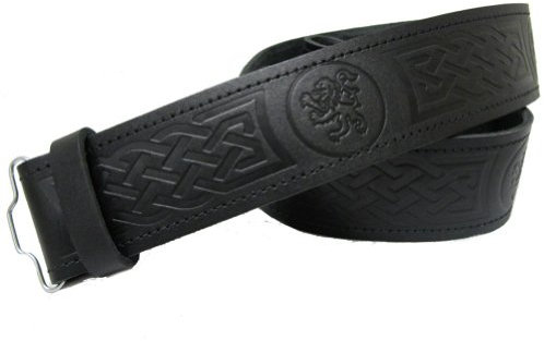 Tartanista - Herren Kilt-Gürtel aus Leder - geprägtes Löwenmuster - ohne Schnalle - Schwarz mit Löwe - XL - 114-127 cm