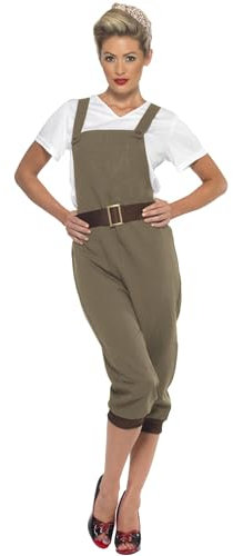Smiffys WW2 Land Girl Costume, Khaki with Top, Dungarees and Headscarf, 1940's Wartime Fancy Dress, 1940s Dress Up Costumes