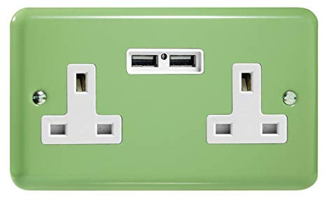 Varilight 2-Gang 13A Unswitched Socket + 2x5V DC 2100mA USB Charging Ports Beryl Green