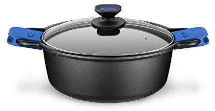 Monix Solid Cacerola Alta, Tapa de Cristal y Asas de Silicona, 2.5 litros, Aluminio Fundido, Negro y Azul