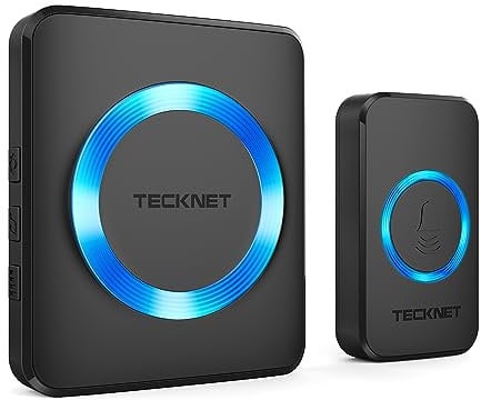TECKNET Wireless Doorbell, IP65 Waterproof Wall Plug-in Cordless Door Chime Kit with 1300feet / 400m Range, 60 Chimes, 5-Level Volume & Blue Light, Best for Plug in Door Entry Bell