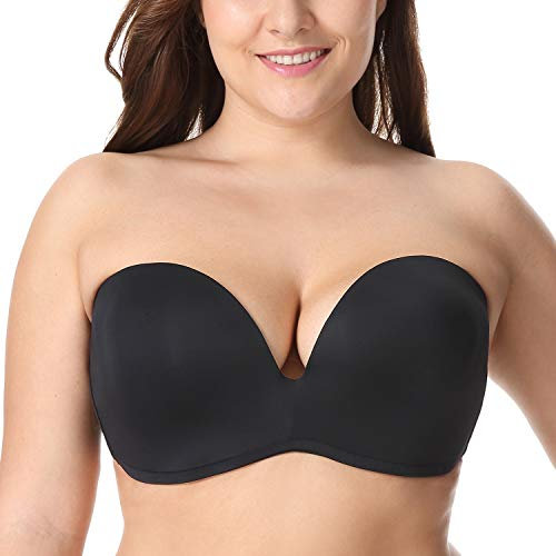 Delimira Women's Strapless Bras for Bigger Bust Push Up Support Lift Plus Size Lightly Padded Seamless Bra Black 36E
