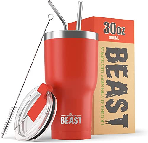 BEAST Mug Isotherme Cafe - 900ml I Rouge Coccinelle I Acier Inoxydable I Réutilisable, Tasses Isothermes I 2 Pailles et Brosse Nettoyage I Thermos Cafés de Voyage Double Paroi I Café Chaud ou Glacé