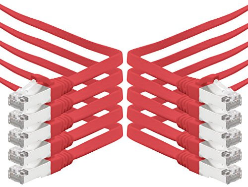 0,25m - rot - 10 Stück CAT.7 Gigabit Ethernet LAN Flachband Flachbandkabel (RJ45) Netzwerkkabel Rohkabel (10Gbit/s) Verlegekabel Flach Slim kompatibel zu Cat.5 - Cat.5e - Cat.6
