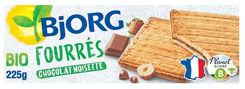 BJORG - Biscuits Fourrés Chocolat Noisette Bio - Aux Céréales Complètes et Sucres Non-Raffinés - 225 g