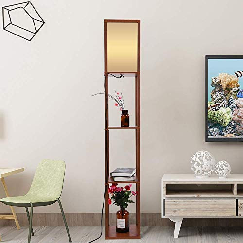SOULONG Stehleuchte aus Holz mit 3 Regalen, 1,6 m, integrierte Bodenlampe für Schlafzimmer, Wohnzimmer, Flure, Abstellflächen, modern, Braun