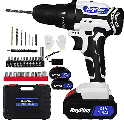 21V Cordless Drill Driver Electric Screwdriver Combi Kit Power Drill Set, 2 Speeds, 3/8'' Keyless Chuck, 25+1 Keyless Clutch for Home, with 2X Li-Ion Batteries, Fast Charger, Carry Case