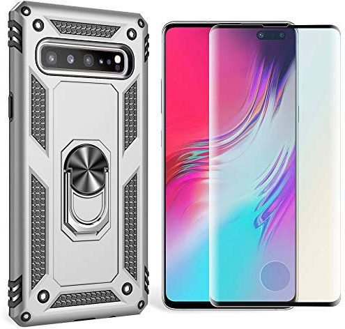 NALIA Ring Hülle + Schutzglas kompatibel mit Samsung Galaxy S10 5G, 9H Displayschutz & 360° Finger-Halter Handyhülle für magnetische KFZ-Halterung, Silikon Cover & Hard-Case Bumper, Farbe:Silber