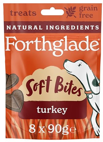 Forthglade Natural Dog Treats (8 x 90g Bags) - Hypoallergenic & Grain Free Dog Treats with Turkey, Hand-Baked Soft Bites, Resealable Bags