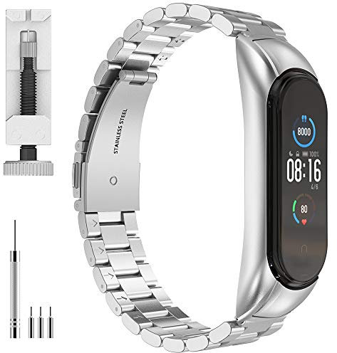 GeeRic Cinturino Compatibile per Xiaomi Mi Band 6/5, Bracciale Moda in Acciaio Inox Cinturino Sostituzione in Metallo,Tre Fibbia Cinturino di Ricambio Compatibile con Mi Band 5/Mi Band 6 Argento