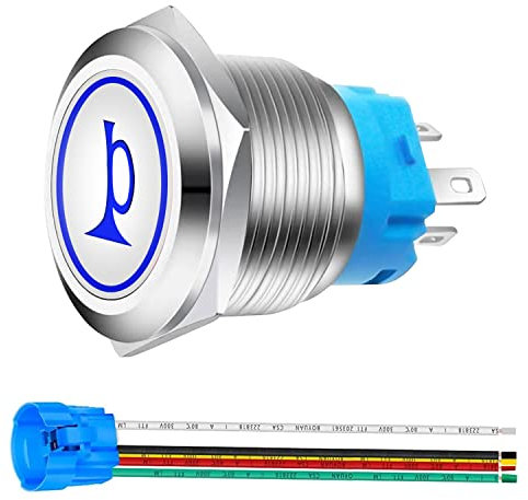 Taiss 19MM 12V pulsante clacson Interruttore a pulsante Momentaneo con verde Luce a LED,Metallo Interruttore a pressione per auto e barca campanelli altoparlanti,con Cavi pre-cablaggio HORNP19-BU