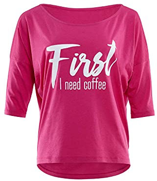 WINSHAPE Damen Ultra leichtes Modal-Kurzarmshirt MCT002 mit weißem „First I Need Coffee” Glitzer-Aufdruck T-Shirt, Rose Vif/Blanc pailleté, S Femme