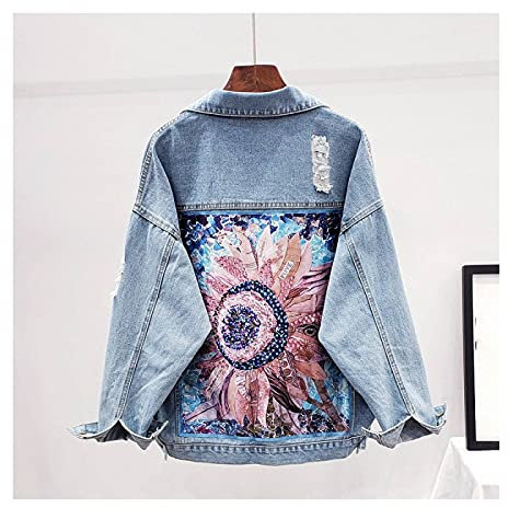 Zerrissene Jeansjacke - Damen Bohemian Blumenstickerei Fashion Streetwear Jeans Outwear, Pailletten Applikationen Langarm Damen Herbst Cowboy Tops Mantel S - XL, Blau