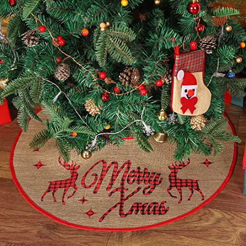 N&T NIETING Christmas Tree Skirt, 30 Inches Burlap Tree Skirts with Red and Black Plaid Printed Xmas Tree Mat for Merry Christmas Holiday Home Decoration