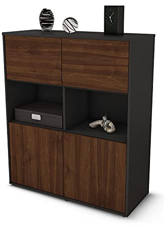 Stil.Zeit Highboard Katyna, Korpus anthrazit matt, Front Holz-Design Walnuss (92x108x35cm), Push-to-Open Technik & Leichtlaufschienen