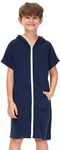 BesserBay Mädchen Handtuch Strandponcho Badeponcho Seitentaschen mit Kapuze Blau Reißverschluss Surf Poncho 130