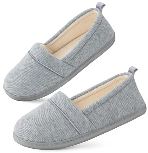 EverFoams Womens' Memory Foam Comfort Knit House Shoes Light Weight Terry Cloth Loafer Slippers with Anti-Skid Rubber Sole Light Grey 9 UK