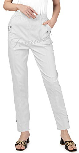 femiss Womens Trousers Elasticated High Waist Relax Fit Ladies Full Length Casual Everyday Soft Stretchy Lightweight Pants (White-T4)