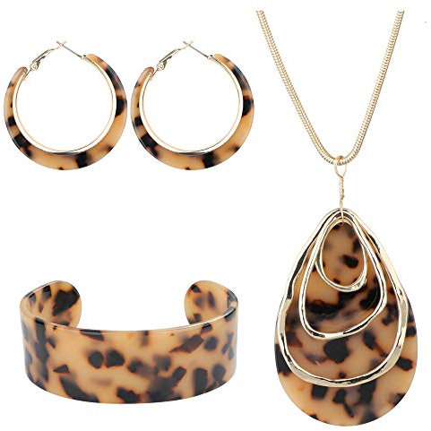 Kakonia Acryl-Schmuckset für Frauen Statement Boho Harz Ohrringe Halskette Armband Leopardenmuster Stil-B