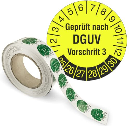 Prüfplakette „Geprüft nach DGUV Vorschrift“ - 2025-2030 - PVC-Folie, selbstklebend Ø 3,0 cm - gelb/schwarz - Rolle mit 1000 Stück- Mehrjahresprüfplakette - Betriebsausstattung24®