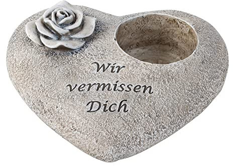 Grabschmuck Herz „Wir vermissen Dich“ mit Rose & Kerzenhalter wetterfeste Grabdeko aus Kunststein 8x11,5 cm Trauerdeko für Friedhof, Urnengrab oder Gedenkstelle (Herz mit Rose - Wir vermissen Dich)