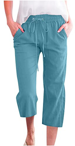 oglccg Womens Capris Trousers 3/4 Pants Cotton linen Elastic High Waist Cropped Drawstring Summer Autumn Solid Color Pockets Loose Straight Wide Leg Outdoor Plus Size 8-18 Sky Blue XL