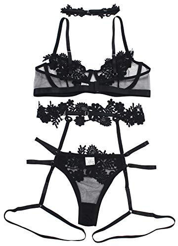 JISUXIAB Bunny Dessous für Frauen Strumpfband Bügel Unterwäsche Tanga Hals Stickerei G-String BH Gürtel Ring Sexy Dessous mit Strümpfen, B1-schwarz, 38