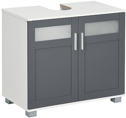 kleankin Mueble para Debajo del Lavabo Armario Bajo Lavabo con 2 Puertas de Vidrio Templado y Estante Ajustable 69x35x59 cm Blanco y Gris