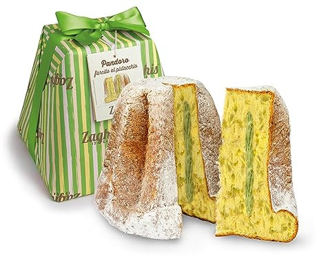 Zaghis PANDORO Artigianale Pistacchio 1000g Con Crema al Pistacchio DA SPALMARE, Gocce di Cioccolato Bianco al Pistacchio E Zucchero a Velo, Ricetta Artigianale di Luigi Zaghis