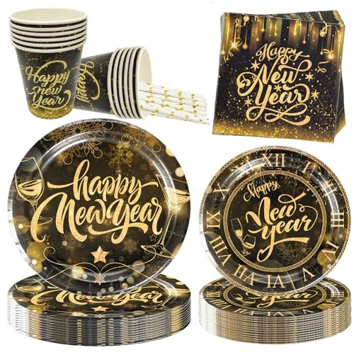 101 Stuck 2025 Silvester Partygeschirr set,Neujahr Partygeschirr Kit,2025 Happy New Year Partygeschirr Set für 20 Personen,Silvester Schwarz und Gold Geschirr Partyzubehör Teller Party Dekoration