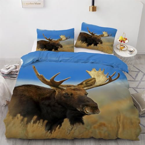 ROUSKI Bettwäsche Hirsch 135x200 cm 2teilig 100% Mikrofaser Kinderbettwäsche Tier Elch Wendebettwäsche mit Reißverschluss 3D Motiv Zimmer Dekor Bettwäsche-Sets mit Kissenbezüge 80x80