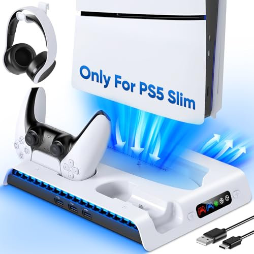 KOVA Ladestation nur für PS5 Slim, Kühlstation für Konsole mit 9 eingezäunten Beleuchtungsmodi, Headset-Haken, 3 USB-Hubs, platzsparendes und Zubehör-Set für Playstation 5 Slim (nicht für normale PS5)