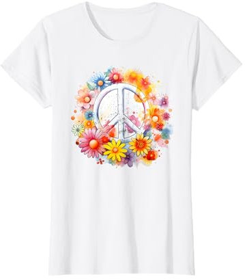 Damen Hippie Peace Flower Power Outfit weiß Karneval Kostüm T-Shirt