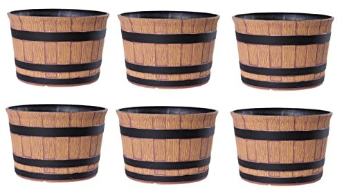 Jinfa 6er-Set Miniteich Pflanzkübel aus Kunststoff in Weinfassoptik bottich Blumenkübel | Farbe: Walnuss | Design: Barrique | Ø 36 cm