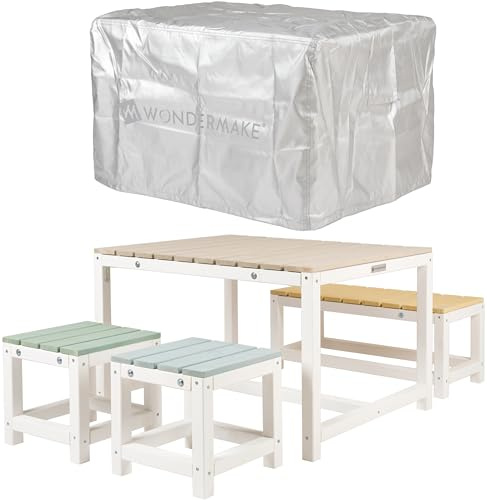 Wondermake® Design barnstol grupp utomhus trädgård trä med lock, barnsätesuppsättning inomhus picknickgrupp från 3 år, vit färgglad