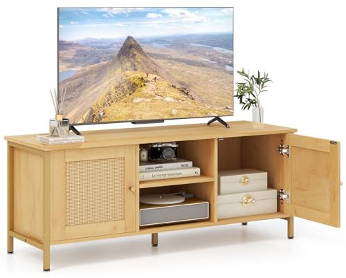 KOMFOTTEU Mueble para TV de 55, Soporte para Televión con 2 Armarios con Puertas de Tejido de Ratán PE, Centro de Entretenimiento con 2 Estantes Abiertos, Mesa de Salón, 120 x 40 x 48 cm