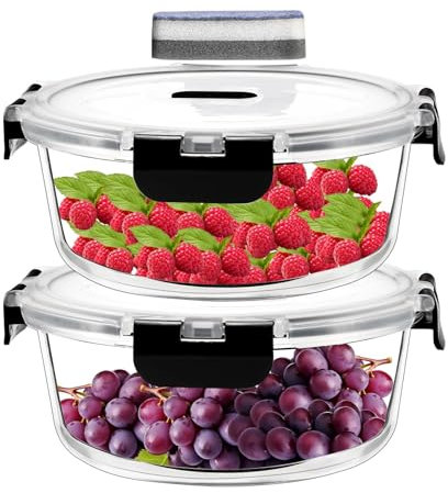 LNWSN Almacenamiento de Cocina y Despensa - [ 2 Unida-des] Recipientes de Cristal con Tapas – Almacenaje de Cocina – No Go-tea y sin BPA (2 Recipientes y 2 Tapas)