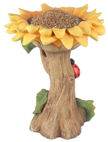 Eventerde Resin Sunflower Bird Bath,Ladybug Adorned Outdoor Brown Pedestal Wild Bird Feeder | Miniature Tree Stump House, Sunflower Design, Garden Art Decoration, Lawn Ornament