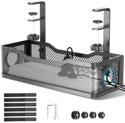 Cable Management Under Desk Tray, No Drill Cable Management Box With Clamp for Wire Organization, Cord Organizer for Office, Home - No Damage to Desk (Black)