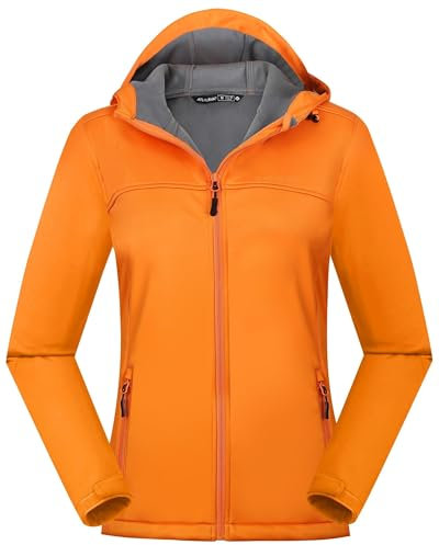 ATLASLAVA Veste softshell pour femme - Imperméable - Respirante - En polaire légère - Avec capuche - Veste de mi-saison - Course à pied, Orange, S
