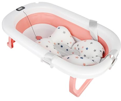 Baignoire Bébé Pliable Avec Coussin De Bain Et Thermomètre Intégré,Baignoire Enfant Avec Support Offert,De 0 À 3 Ans,Bassin de Douche Portable Antidérapant (Rose-80 * 50 * 23CM)