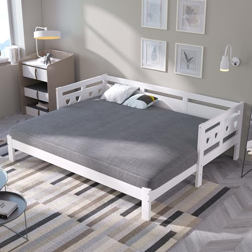 BNUZ Daybett Tagesbett,Ausziehbar Bett,Kiefer massiv, mit 2. Schlafgelegenheit und Rollrost Herzform Bett Weiß (90 x 190 cm)