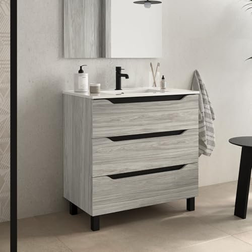 bathme Trio Mueble de Baño con Lavabo 3 Cajones Color Roble Cambrian - Medida: 60 cm 60 cm