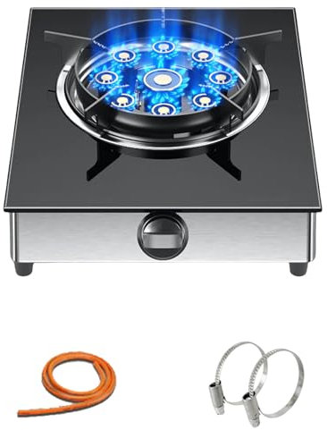 Single Burner Wok Burner for Pans and Round Pans - Portable Gas Stove with Wind Block Bracket - Indoor Range Cooker for Liquefied Gas - Freestanding Design with Gathered Fire