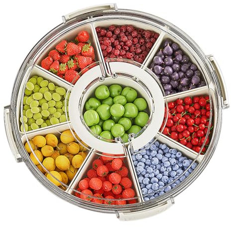 Fuutuu Snack Box with 9 Removable Compartments, Divided Serving Tray with Lid and Handle, Reusable Snackle Box for Veggies, Candy, Fruits, Nuts (Rotundity)